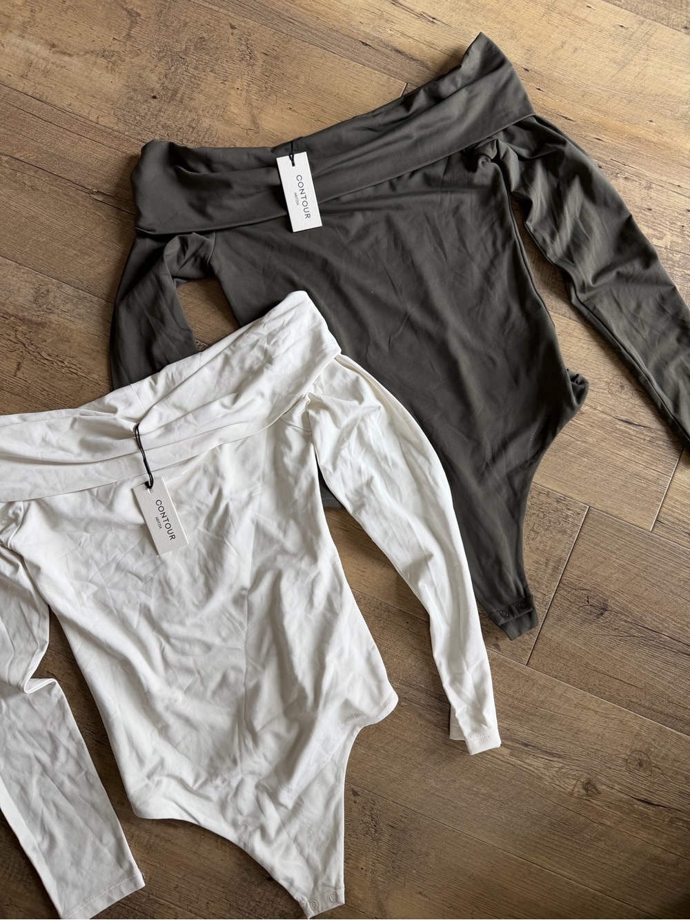 Aritzia Contour Off-Shoulder Bodysuit Set — Olive & White